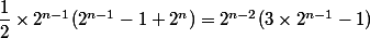 \dfrac 1 2 \times 2^{n - 1} (2^{n - 1} - 1 + 2^n) = 2^{n - 2} (3 \times 2^{n - 1} - 1)